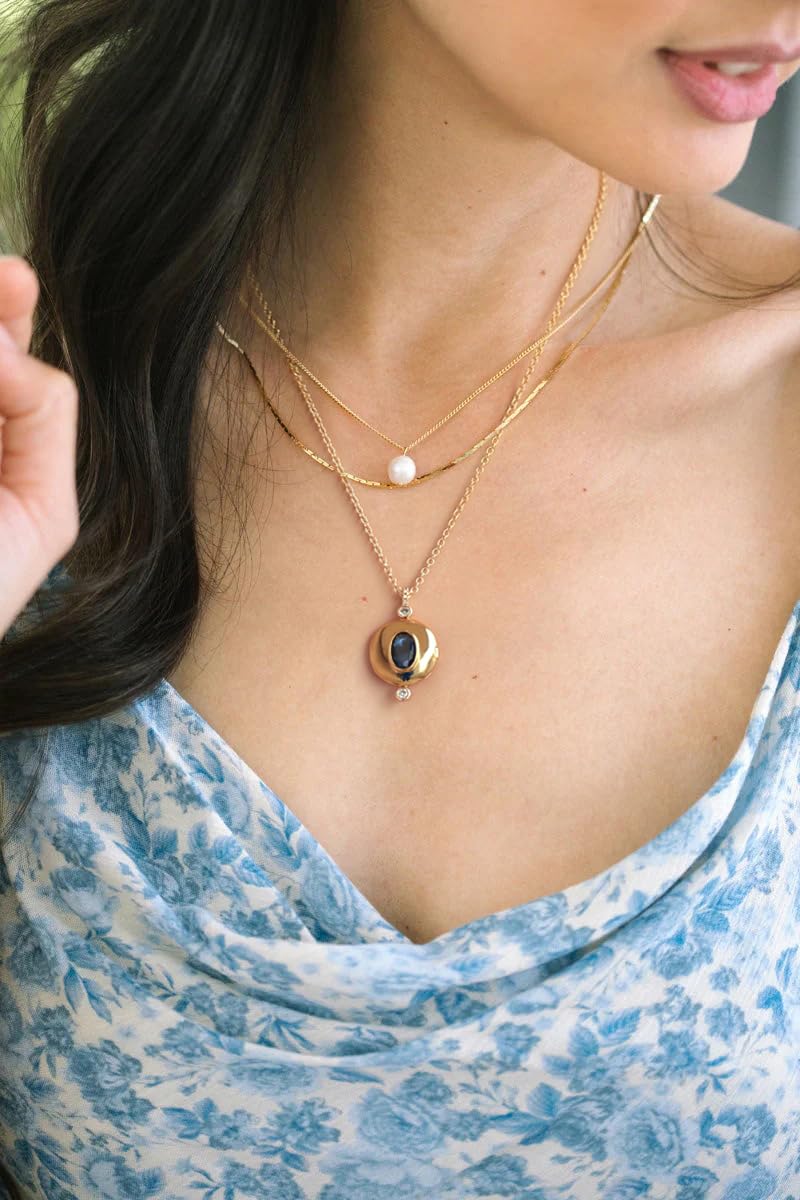 PEARLADA Dainty 18k Gold Plated Locket Necklace for Women, Blue Crystal Pendant Necklace with Picture Inside, Elegant Memorial Photo Necklace