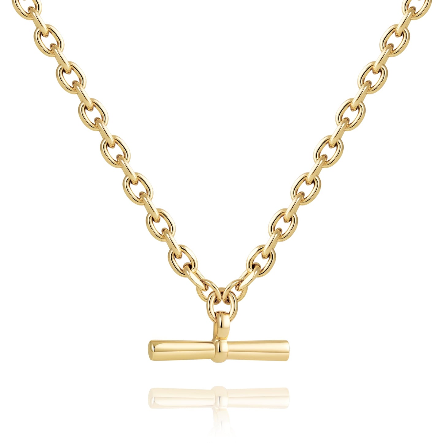 COBI T Bar Necklace for Women, Circle Pendant Necklaces Rhodium Plated &18K Gold Finished Four Leaf Clover | Link Chain Necklace with T-Bar Charm, Adjustable 17"+2" Jewelry Gift