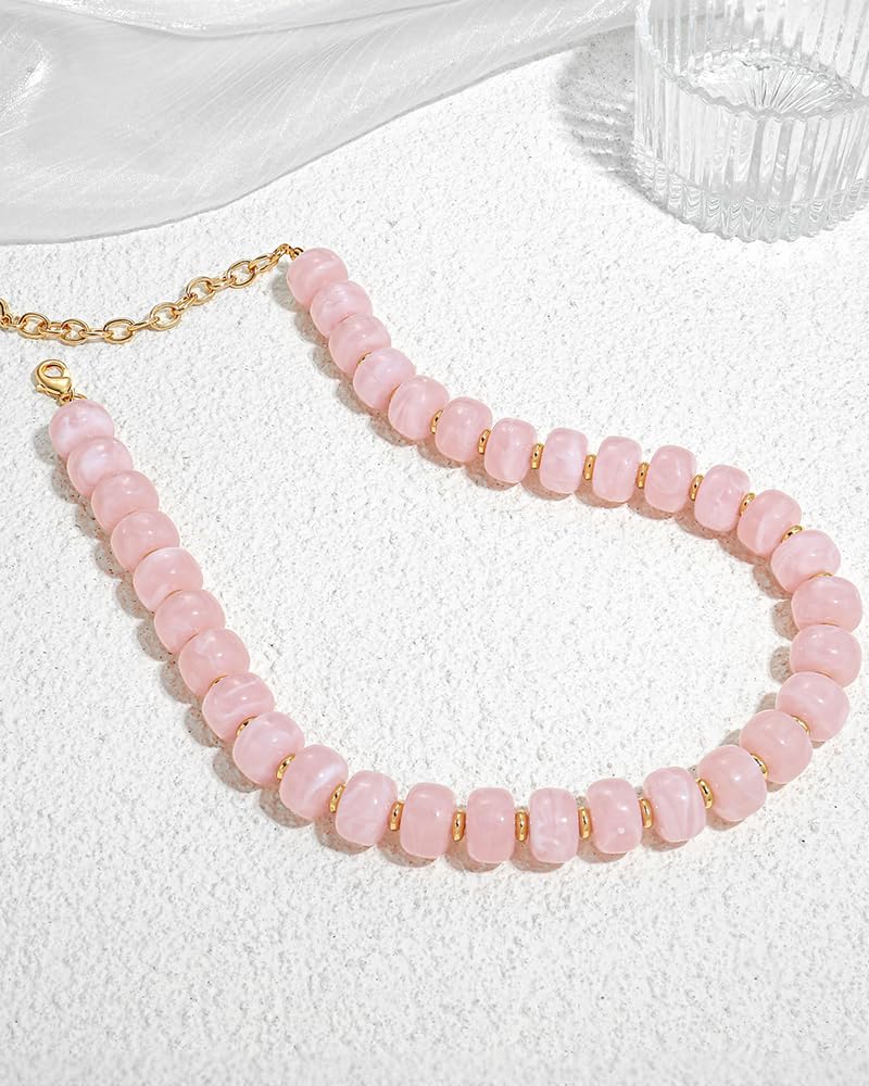 FAUTHENTICUTE Pink Beaded Choker Necklace for Women Boho Statement Necklaces Trendy Beach Summer Jewelry Dainty Western Bead Necklace Everyday Necklaces for Women