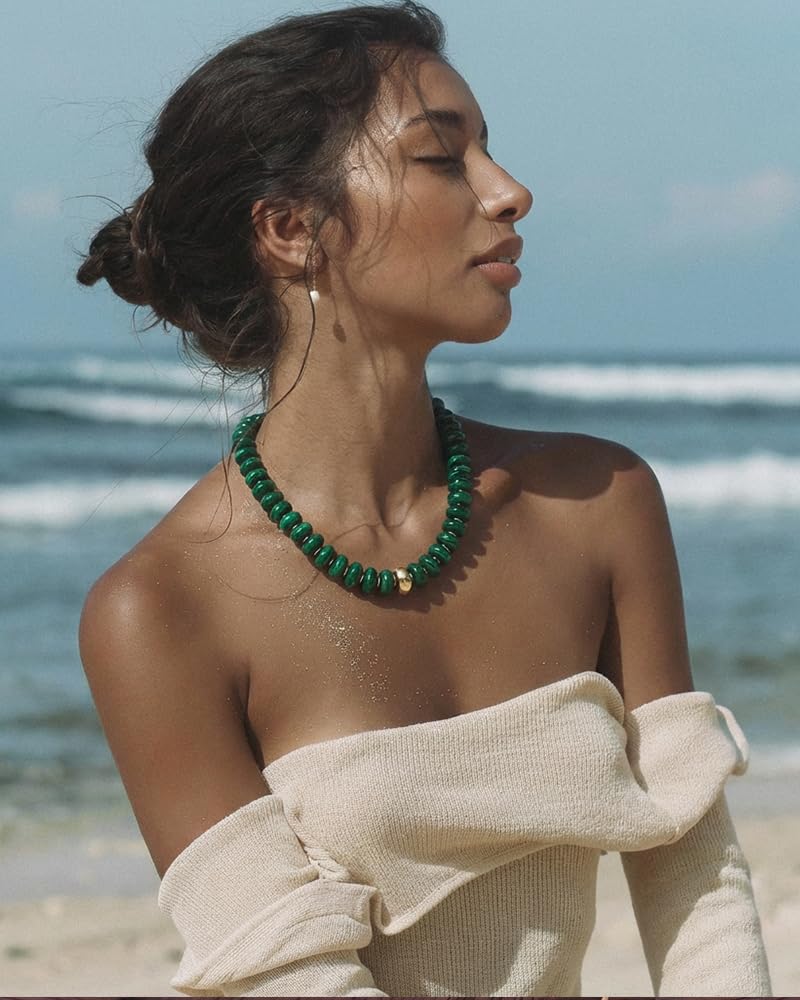 FAUTHENTICUTE Emerald Green Beaded Statement Necklace for Women Dark Green Acrylic Resin Bead Strand Necklace With Gold Accent Trendy Beach Choker Perfect Summer Jewelry Mothers Day Gifts