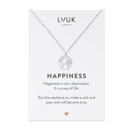LUUK LIFESTYLE Stainless steel necklace for women with globe, earth pendant and HAPPINESS gift card, simple, minimalistic summer jewelry, festival look, trendy boho style, travel lucky charm, silver
