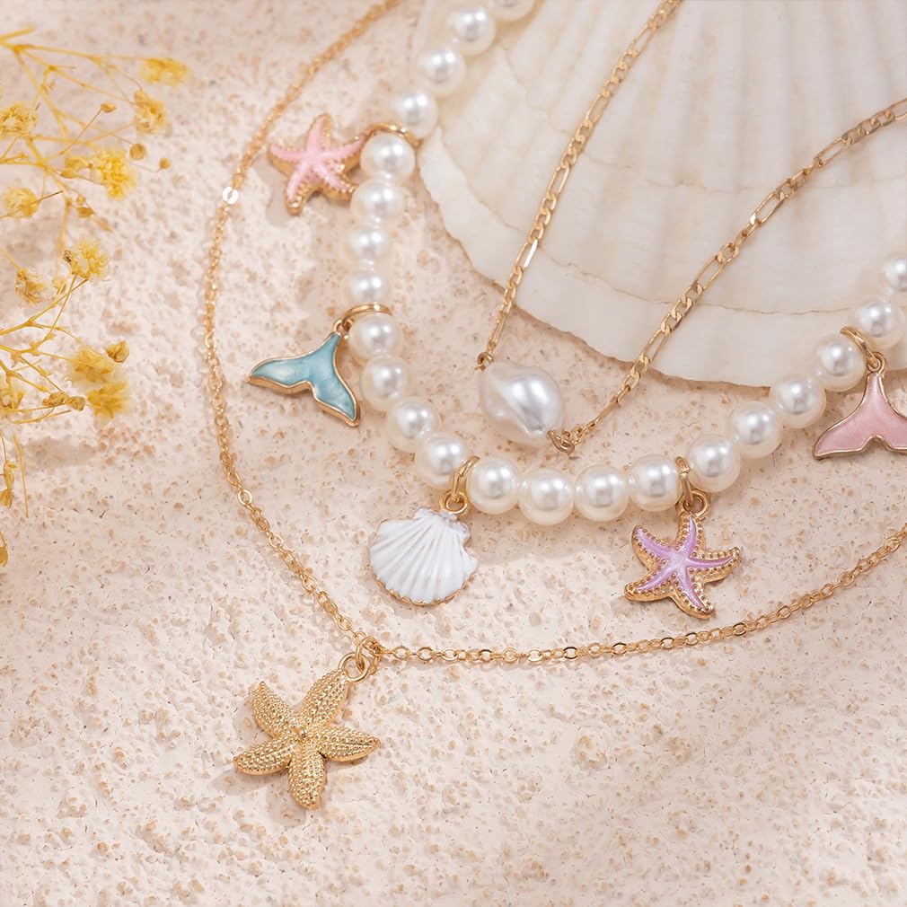 Chunky Gold Layered Pearl Starfish Statement Necklace Dainty Beach Pearls Beaded Seashell Choker Stacked Conch Sea Shell Necklaces Trendy Hawaiian Beachy Jewelry for Women (Colorful)