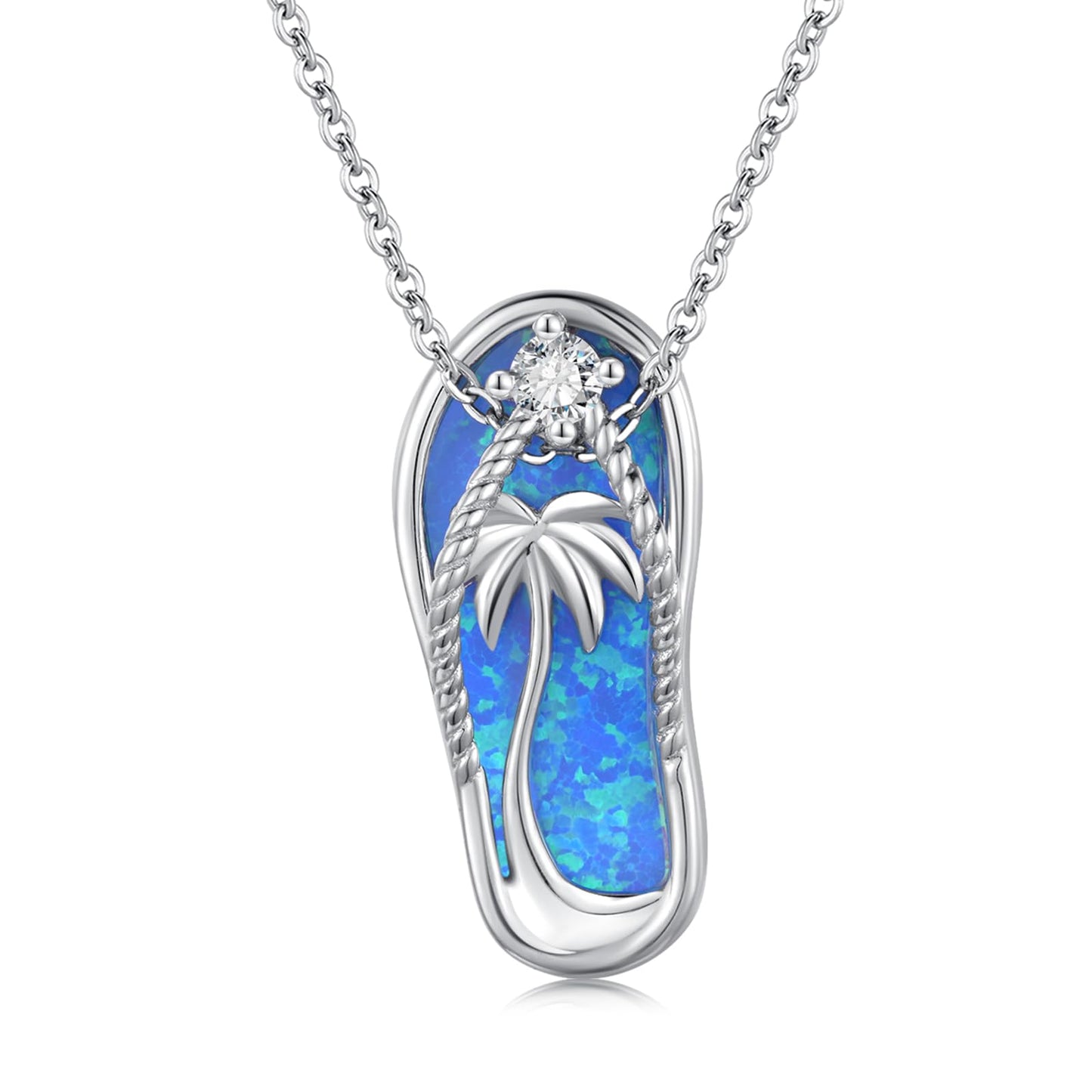 Midir&Etain Flip Flop Necklace 925 Sterling Silver Palm Tree Pendant Beach Blue Opal Necklace Flip-Flop Opal Jewelry for Women Prime