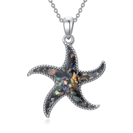 SELKAT 925 Sterling Silver Starfish Pendant Necklace for Women-Inlaid Abalone Shell Fragments, Beach Party Jewelry Gift for Daughter Mom Wife (Style 1)