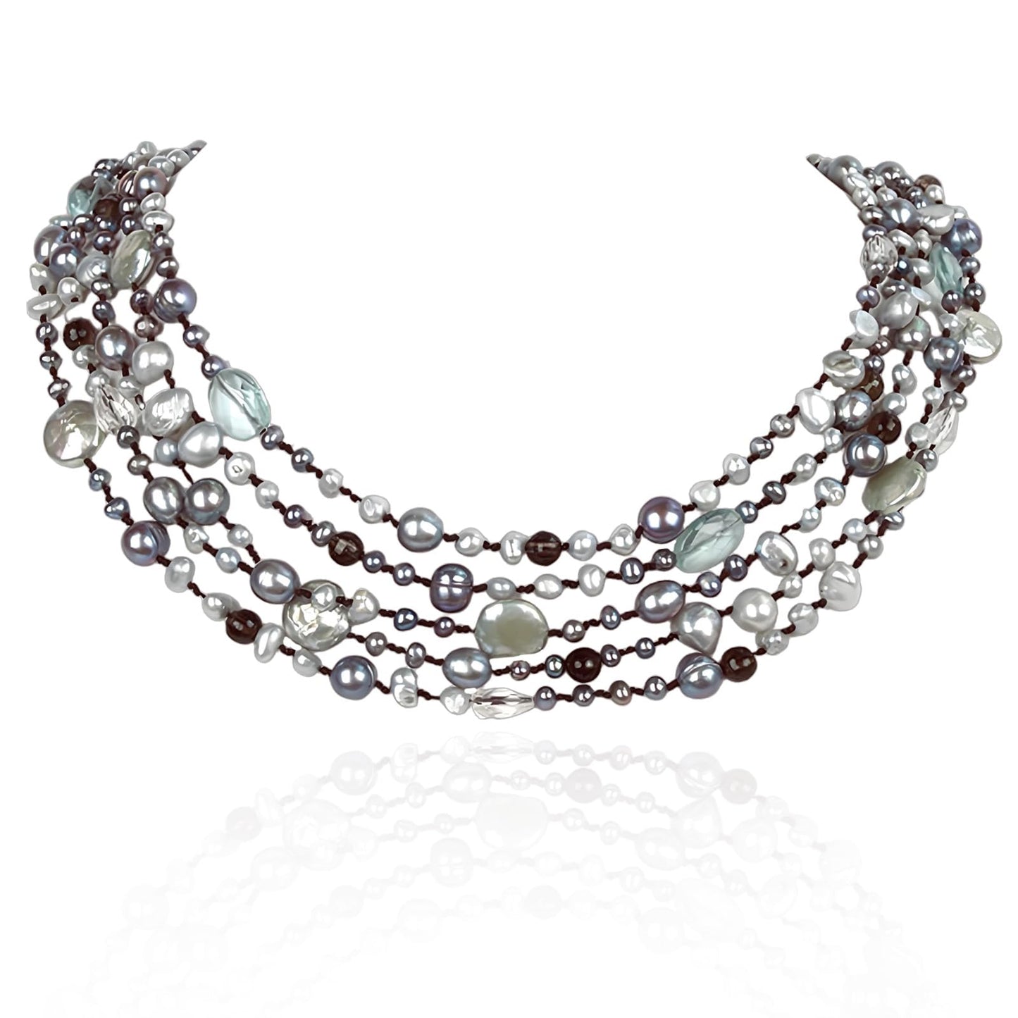 Handmade Silver Grey Baroque Pearl Necklace – Multistrand Freshwater Pearls & Sea Green Crystal, Pearl Clasp Beaded Charms Baroque Luxury Jewelry Gift