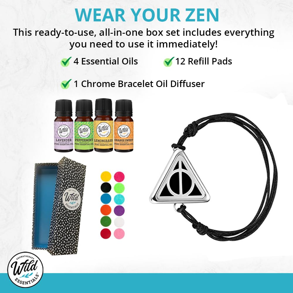 Wild Essentials Black Chrome Bat Essential Oil Diffuser Bracelet Gift Set with Aromatherapy Pendant, Adjustable Nylon Band, 12 Pads and 100% Pure Oils; Lavender, Lemongrass, Orange and Peppermint