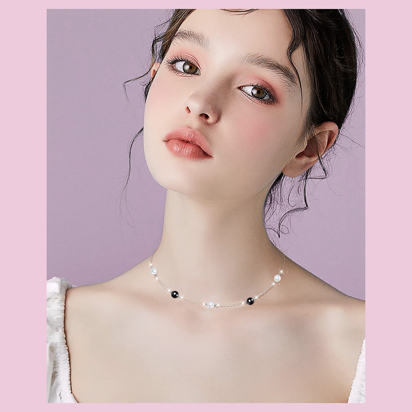 S925 Sterling Silver Choker Short Dainty Necklace Pendant for Women Jewelry Gift (Pearl Black White)