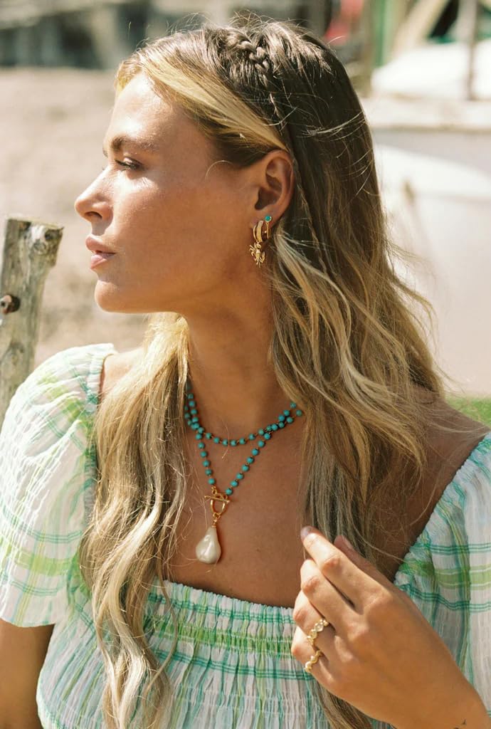 POTESSA Big Baroque Pearl Pendant Necklace Bohemian Turquoise Beaded 18K Gold Plated Toggle Clasp Necklace for Women Jewelry Gifts