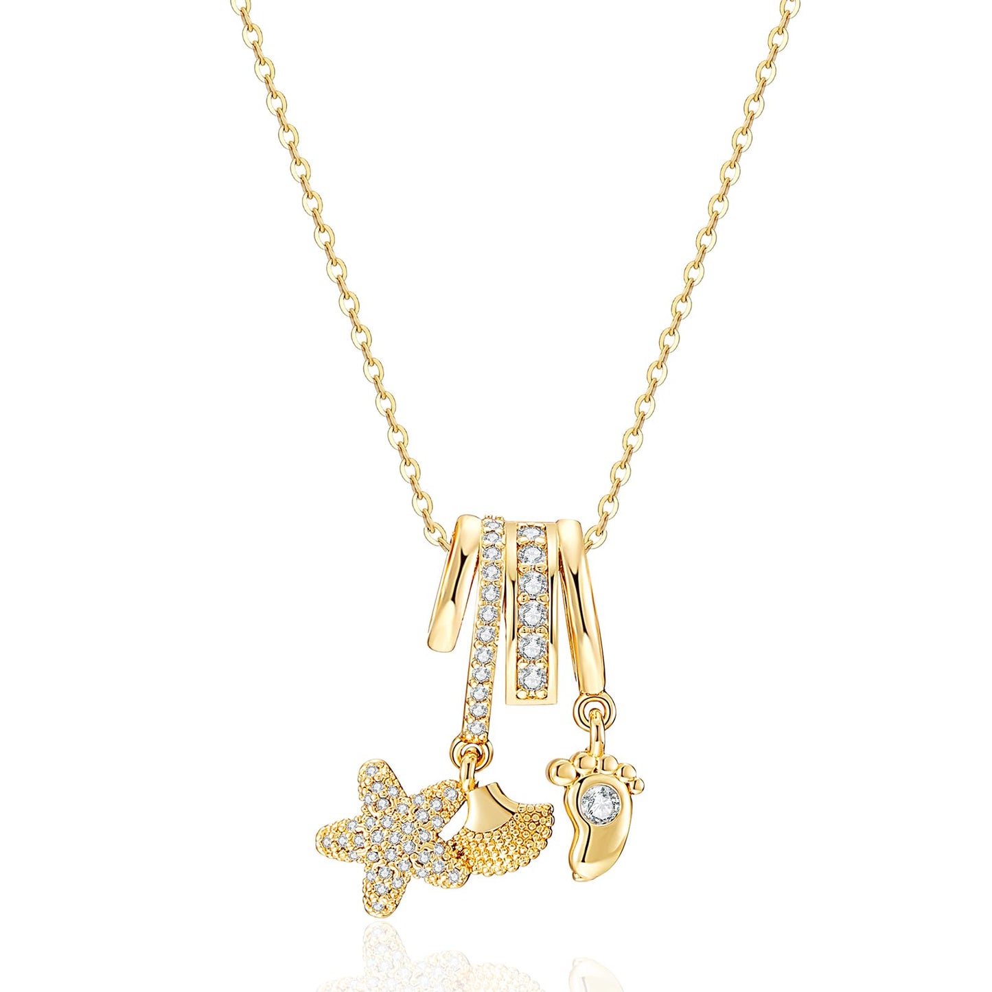 crataly Seashell And Starfish Necklace For Women-Gold Plated CZ Multi-Pendant Ocean Jewelry For Women Valentines Day Mother's Day Christmas Birthday Gifts