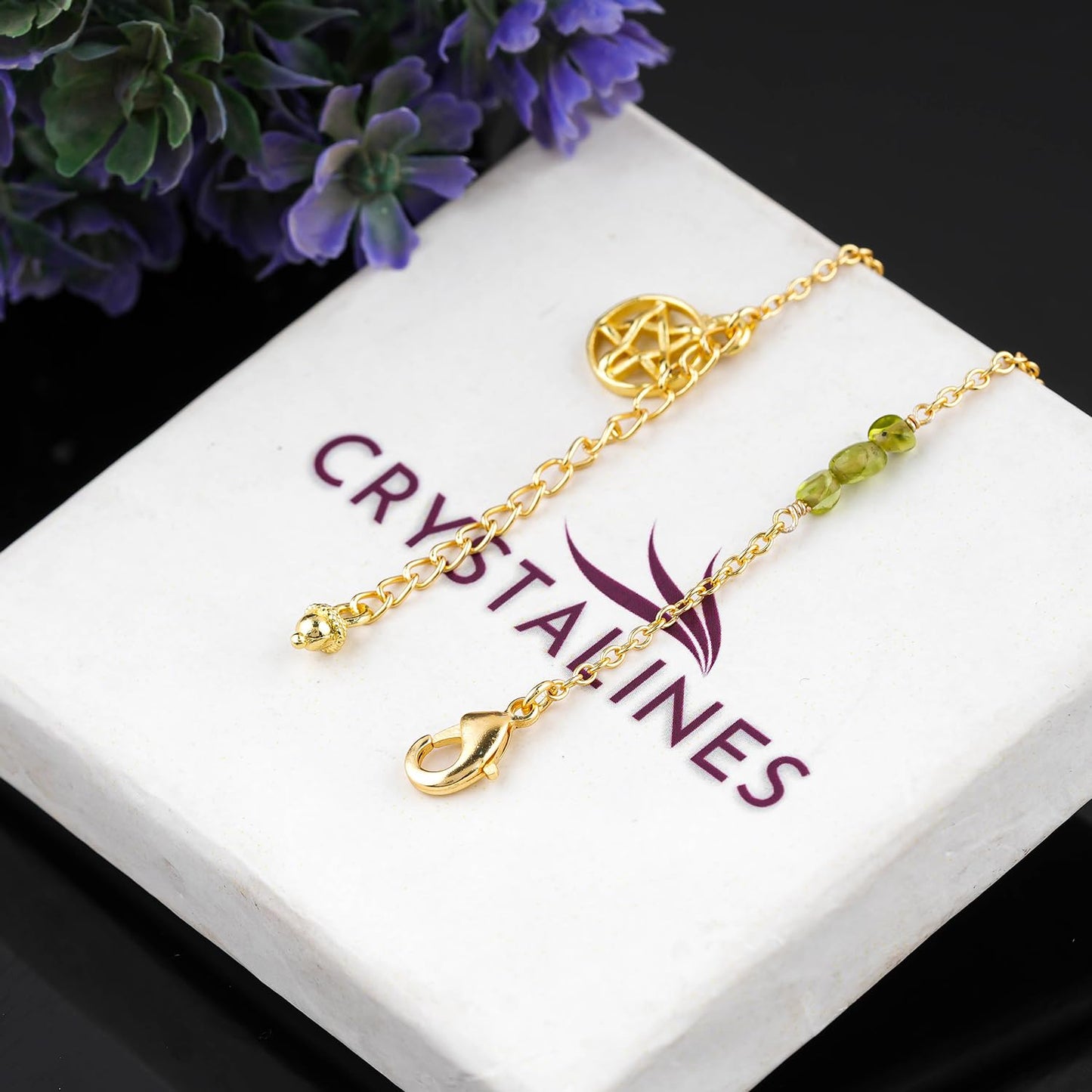 CRYSTALINES Natural Peridot Gemstone Nuggets Beads, Handmade Station Dangle Star Charms Anklet, 14K Gold Plated, Adjustable Fashion Boho Jewelry for Women, Healing Crystals, Christmas Gift