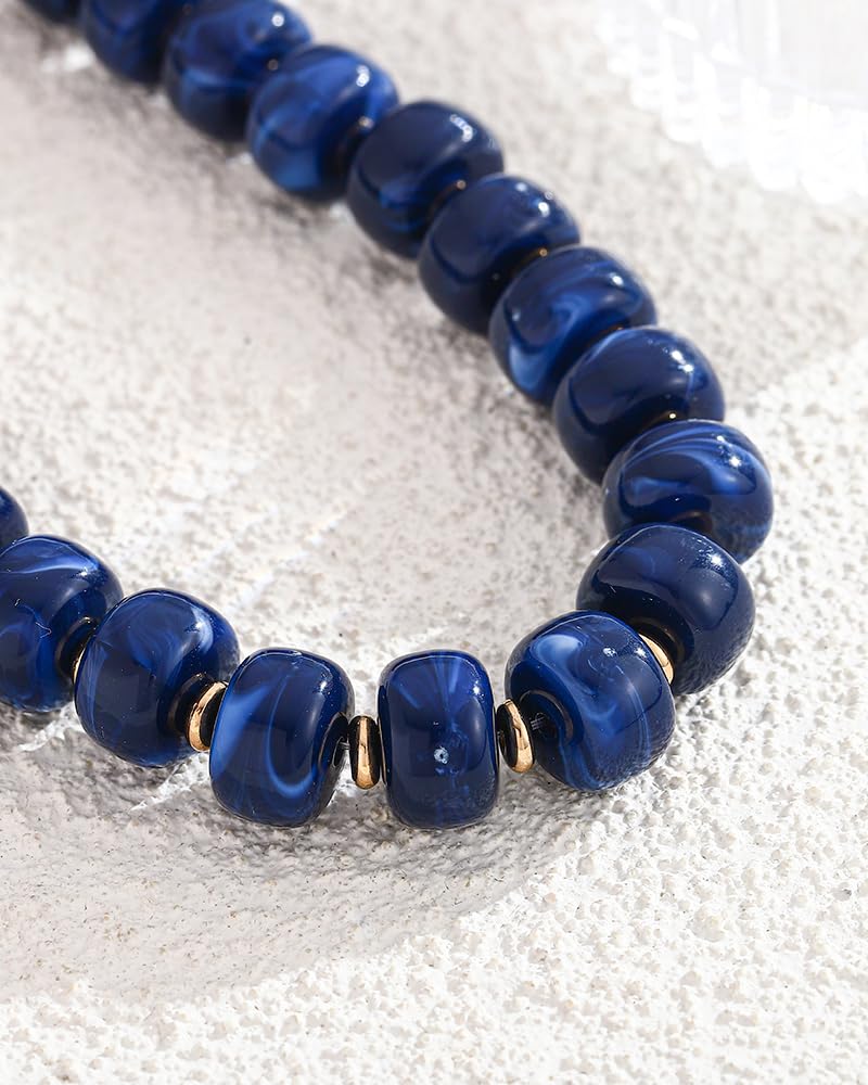 FAUTHENTICUTE Blue Beaded Chunky Statement Necklace for Women Adjustable Gold Tone Choker Boho Navy Blue Bead Collar Necklace Trendy Summer Beach Fashion Jewelry Gifts