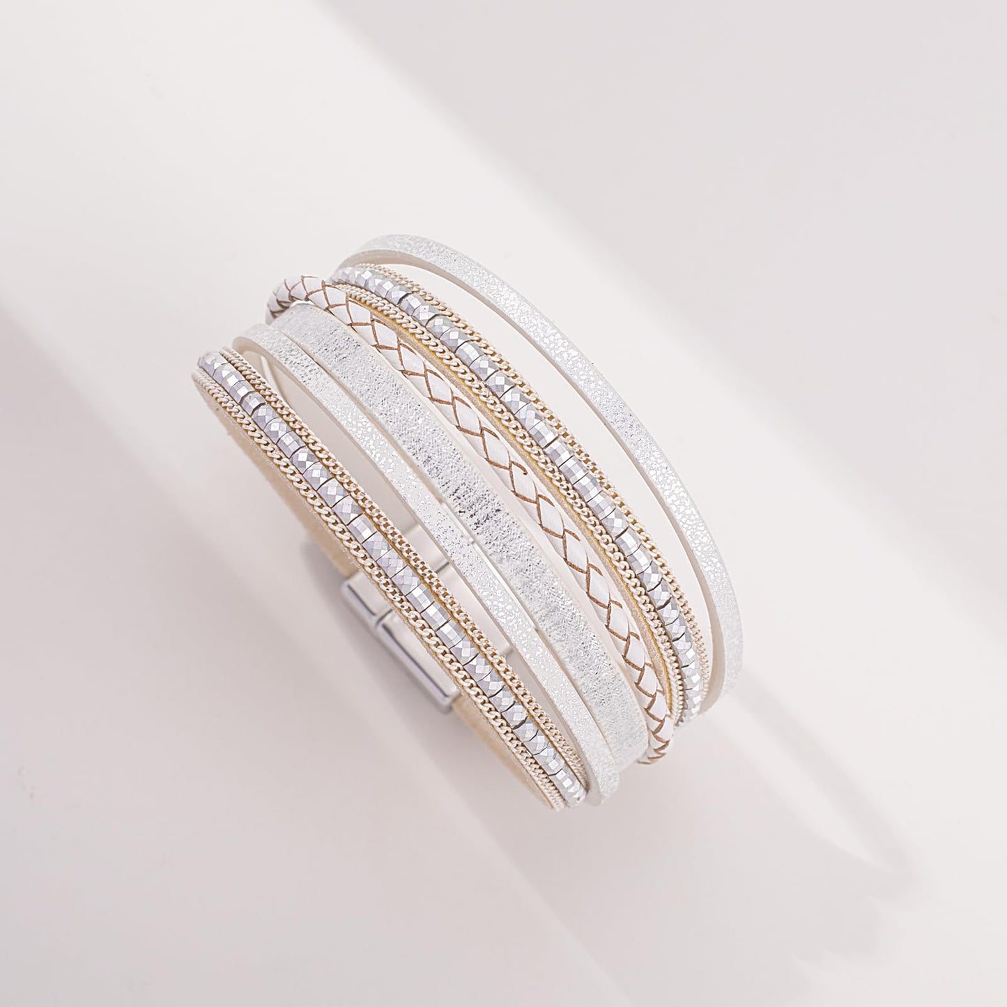 FANCY SHINY Boho Leather Wrap Bracelets Trendy Layered Bracelets with Magnetic Clasp Strackable Bohemian Cuff Jewelry Gifts for Women(White)