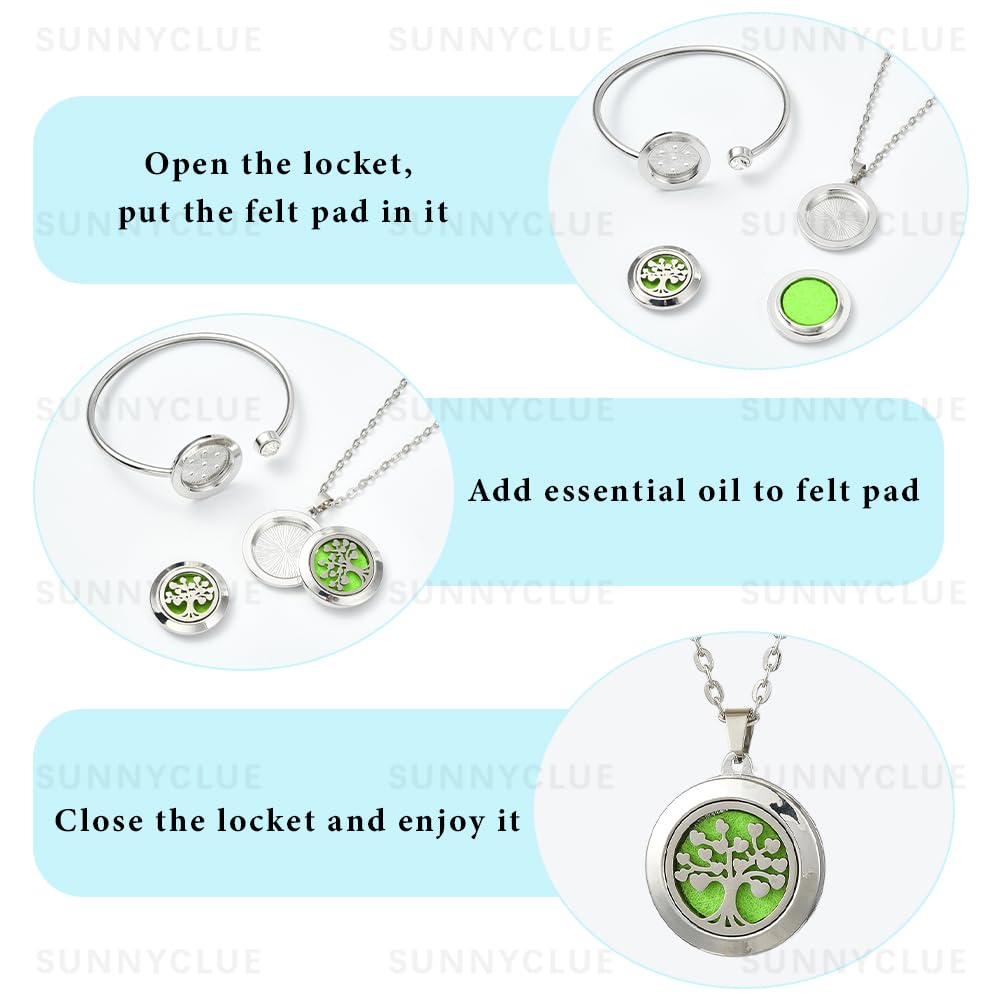 SUNNYCLUE 1Pc Essential Oil Diffuser Bracelet 1Pc Essential Oil Necklace with 10Pcs Refill Pads Tree of Life Stainless Steel Adjustable Bangle Bracelets Necklaces Aromatherapy Jewelry for Women Gift