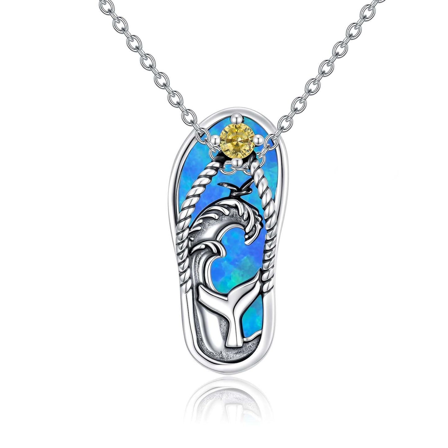 Midir&Etain Whale Tail Necklace 925 Sterling Silver Blue Opal Ocean Pendant Summer Flip Flops Jewelry Beach Fun Gifts for Women