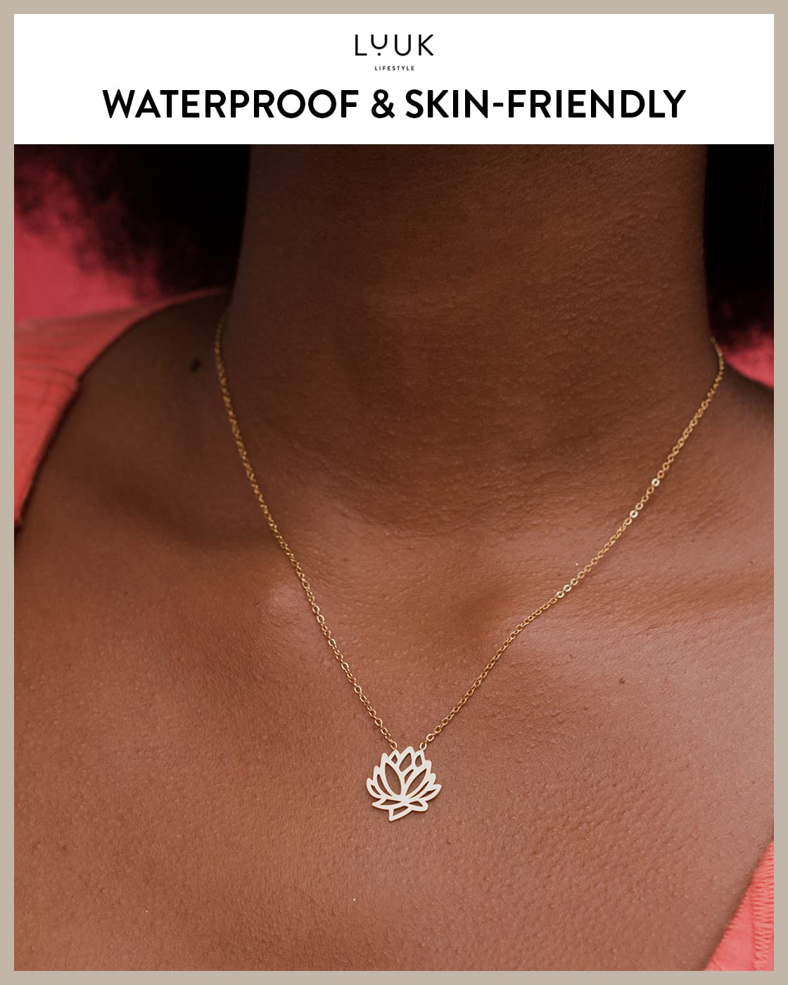 LUUK LIFESTYLE Stainless steel necklace for women with Lotus flower pendant and HAPPINESS gift card, chic and classy style, trendy layer look, Asian lucky charm, minimalist fashion accessory, gold