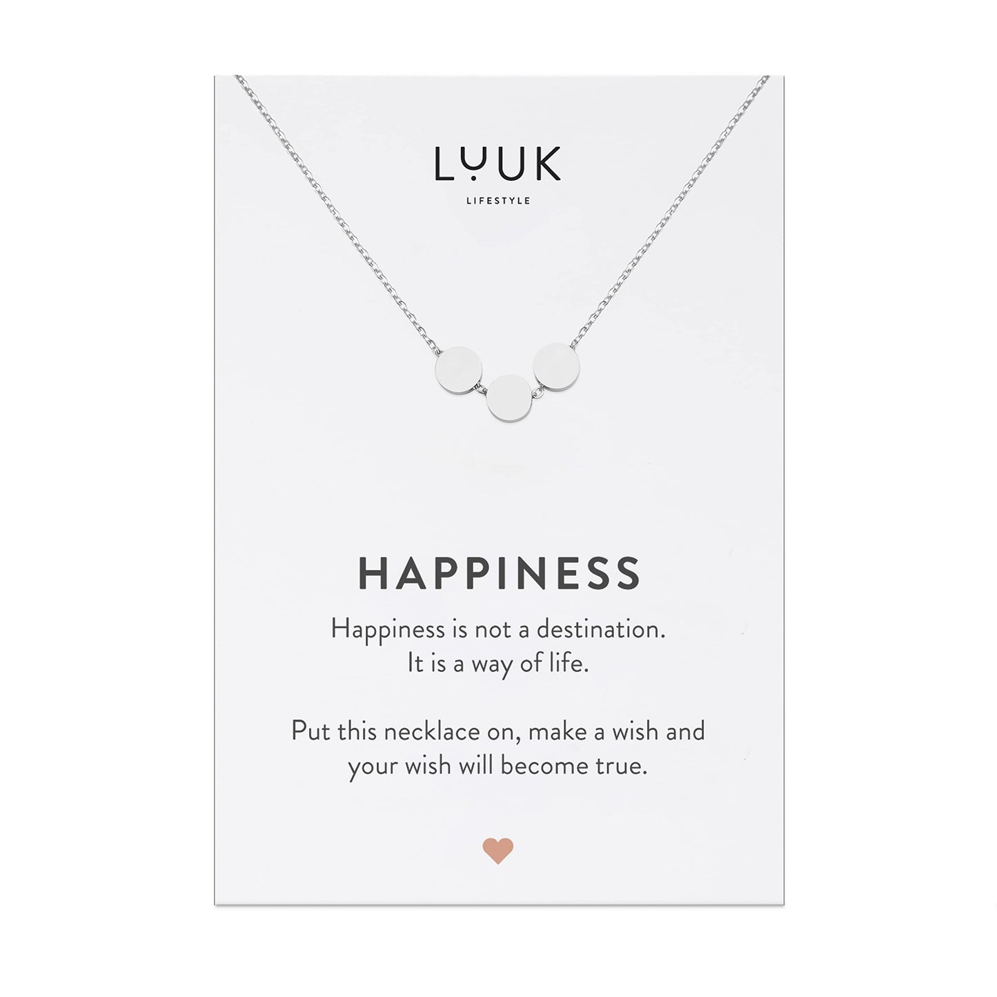 LUUK LIFESTYLE Stainless steel necklace for women with three circle pendant and HAPPINESS gift card for loved ones, round and circular design, chic and classy jewelry, trendy magnetic look, silver