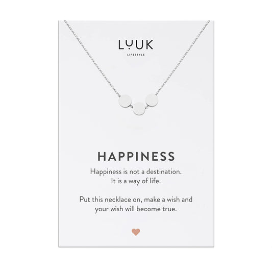 LUUK LIFESTYLE Stainless steel necklace for women with three circle pendant and HAPPINESS gift card for loved ones, round and circular design, chic and classy jewelry, trendy magnetic look, silver