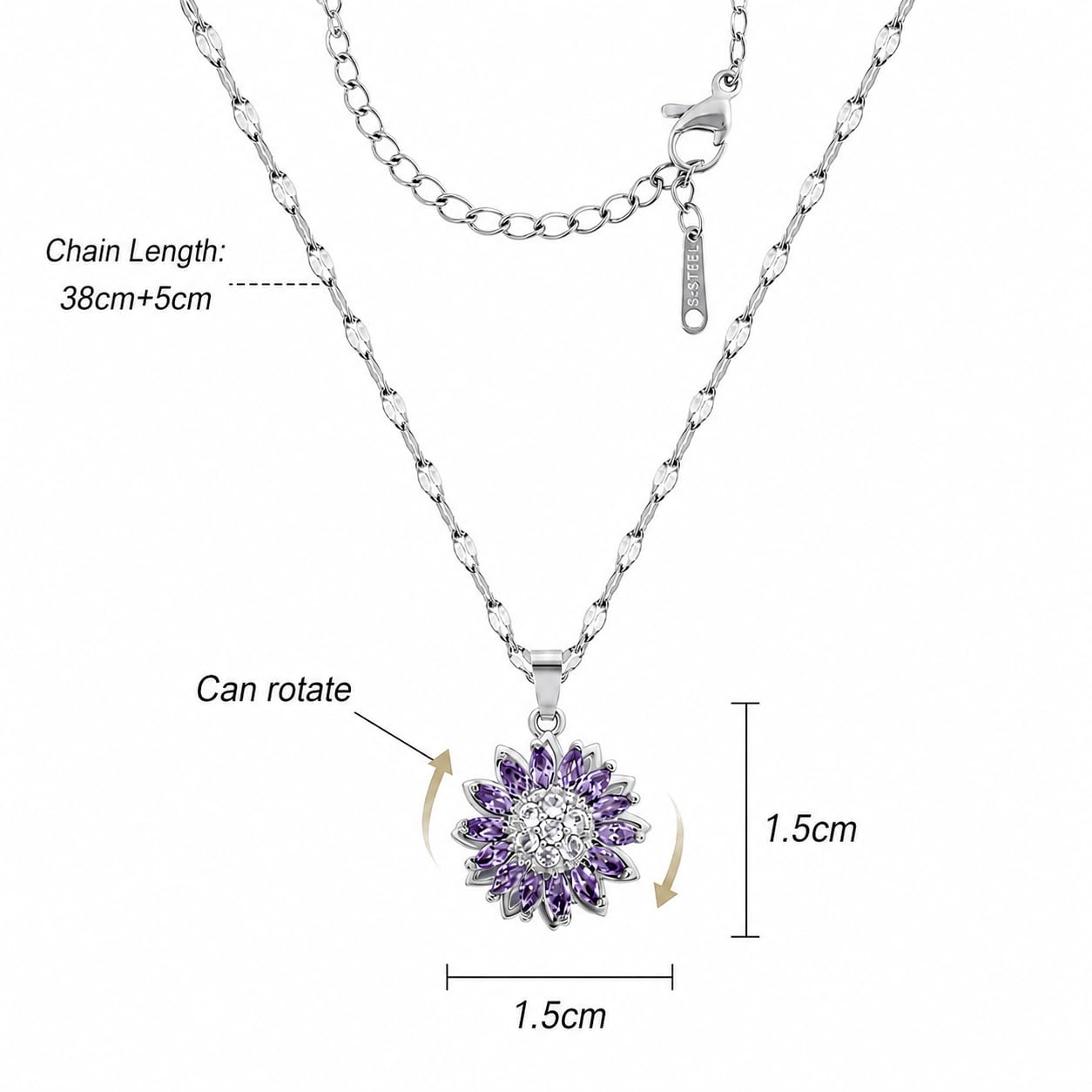 KONPJE Sunflower Fidget Necklace for Women Gold Moon Necklace Rotating Heart Necklaces Spinning Crystal Flower Anxiety Necklaces Crescent Moons Jewelry Accessories (Silver Purple)