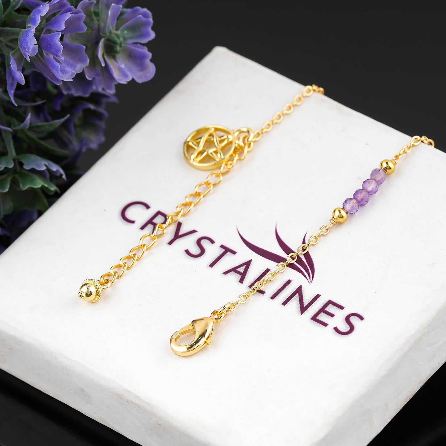 CRYSTALINES Natural Amethyst Gemstone Beads, Handmade Station Dangle Star Charms Anklet, 14K Gold Plated, Adjustable Fashion Boho Jewelry for Women, Healing Crystals, Christmas Gift