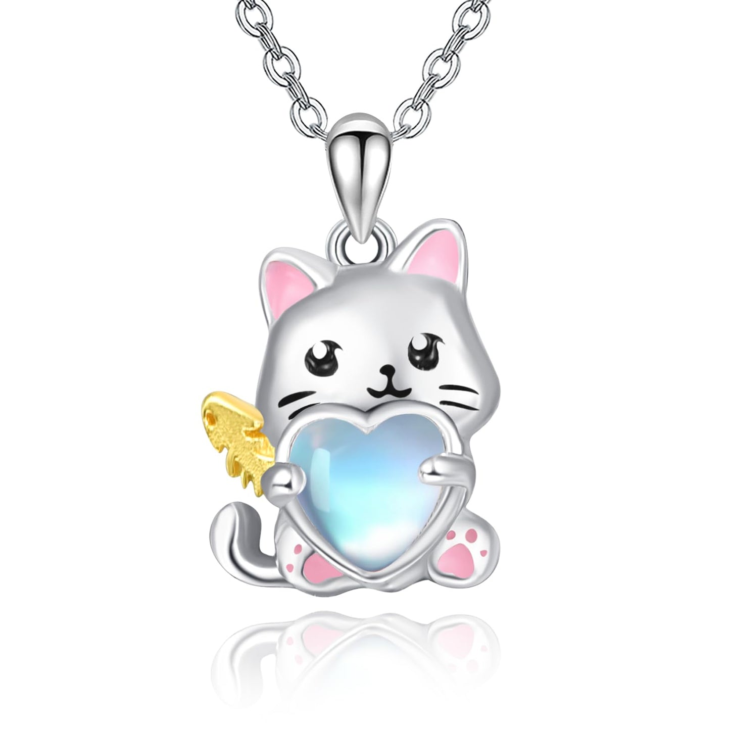 Dreamboat Cat Pendant Necklace for Women 925 Sterling Silver Moonstone Kitten Animal Jewelry Gifts for Cats Lovers