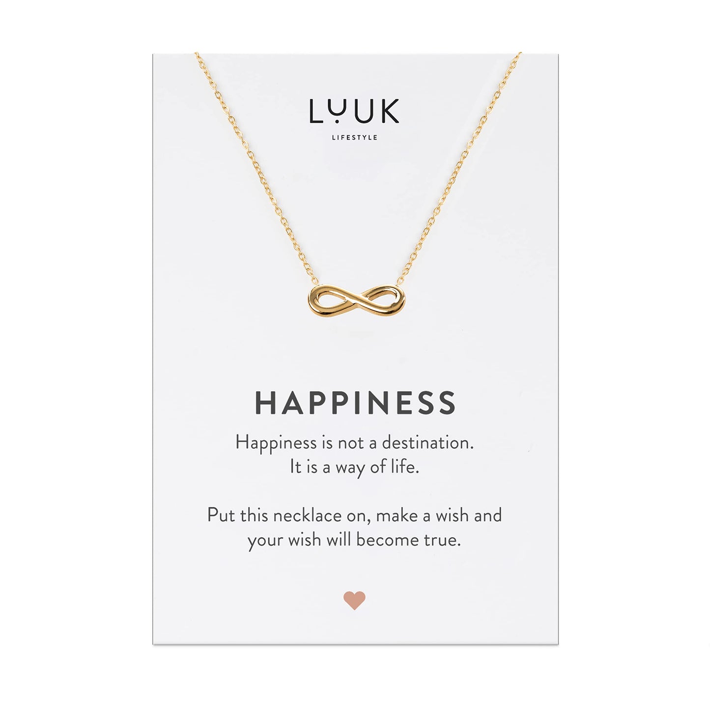 LUUK LIFESTYLE Necklace for women with Infinity pendant and HAPPINESS gift card, modern and minimalist fashion accessory, jewelry to offer, girlfriend, loved one, proof of infinite love, gold