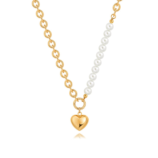 Chunky Gold Plated Puffy Heart Necklace, Pearl Beaded Chain Necklace, Statement Adjustable Y2k Jewelry