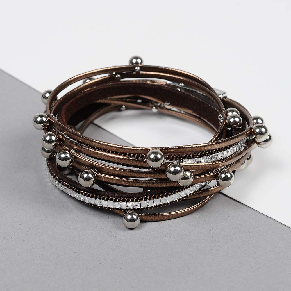 Artilady Leather Wrap Bracelet for Women - Handmade Clasp Bangle Bracelet with Pearl Beads Crystal Wristbands Jewelry Gift for Ladies and Mother