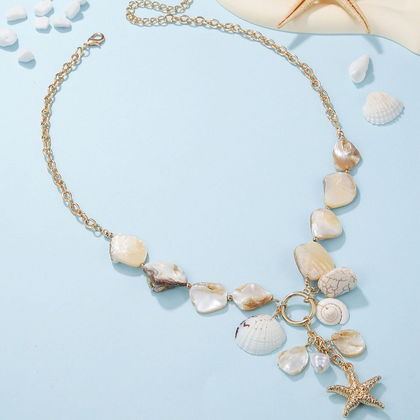 Decixde Shell Necklace Gold Starfish Necklace Seashell Necklace Sea Starfish Necklaces Conch Necklace Summer Beach Jewelry (white)
