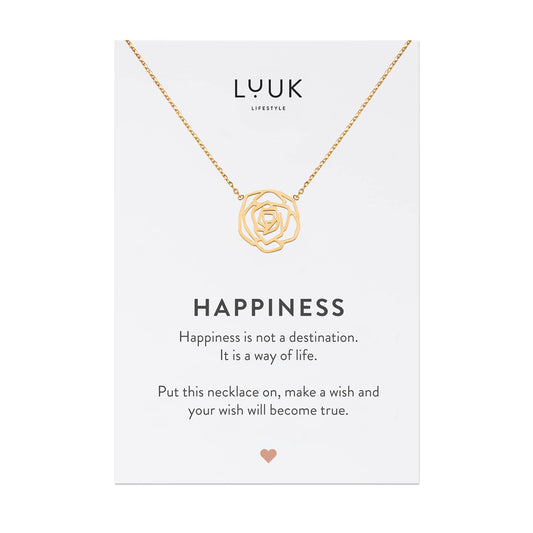 LUUK LIFESTYLE Stainless steel necklace for women with rose flower pendant and HAPPINESS gift card, trendy chic style, modern and minimalist fashion accessory for her, birthday present, gold
