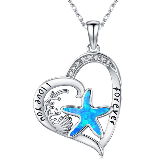 Twoowl Blue Opal Starfish Shells Necklace 925 Sterling Silver Ocean Pendant Necklaces Beach Jewelry Gifts for Women Girlfriends Mom Birthday