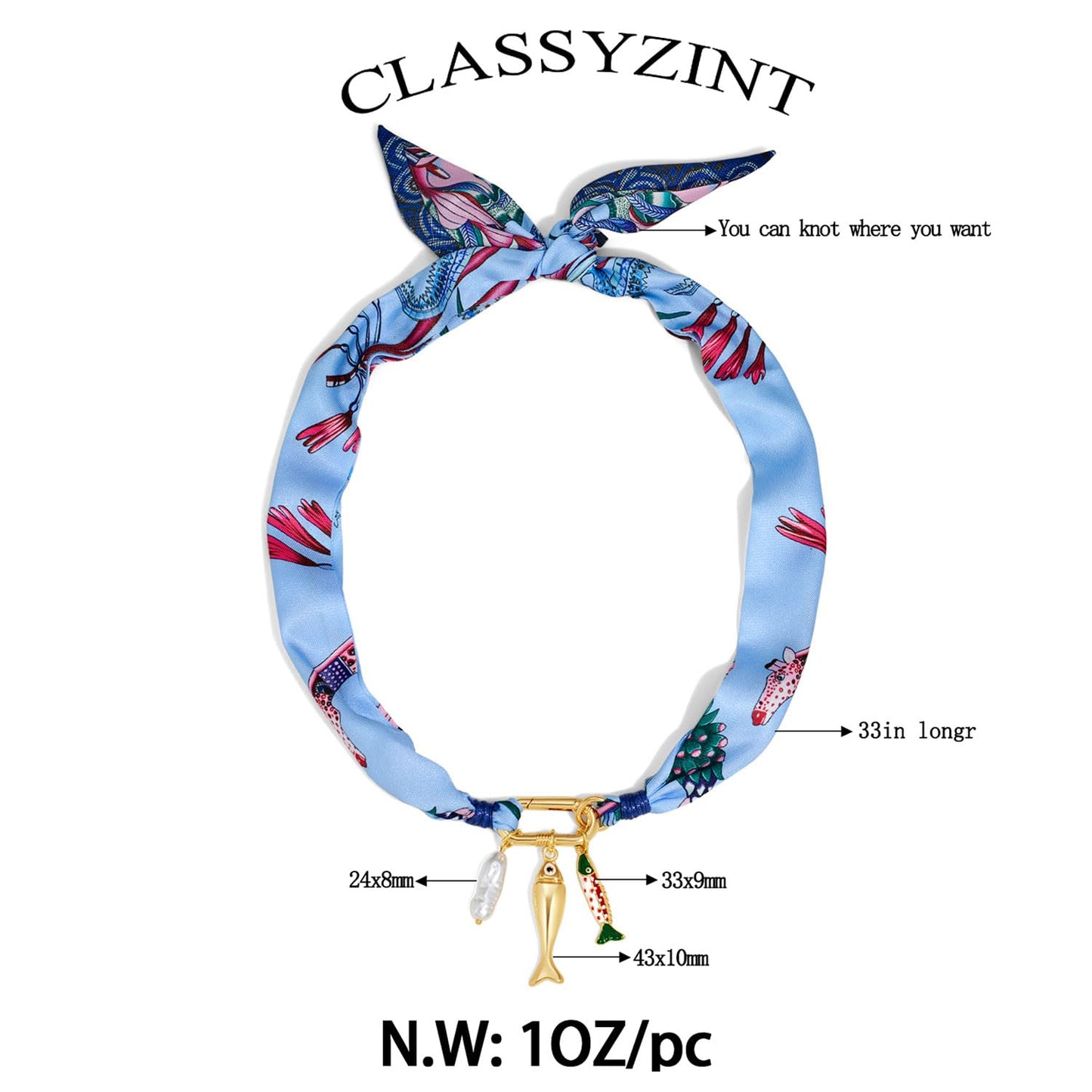 CLASSYZINT Fish Necklace for Women Blue Scarf Necklace with Fish Pendant Silk Scarf Boho Jewelry Summer Beach Necklace