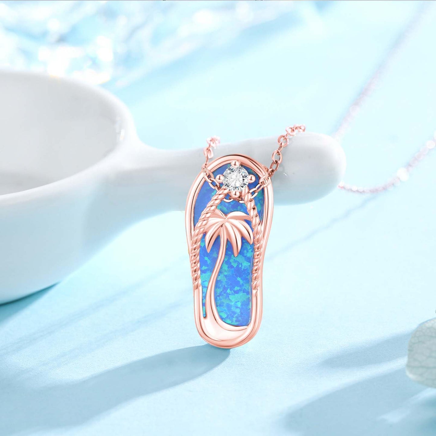 Midir&Etain Flip Flop Necklace 925 Sterling Silver Rose Gold Plated Palm Tree Pendant Beach Blue Opal Necklace Flip-Flop Opal Jewelry for Women Prime