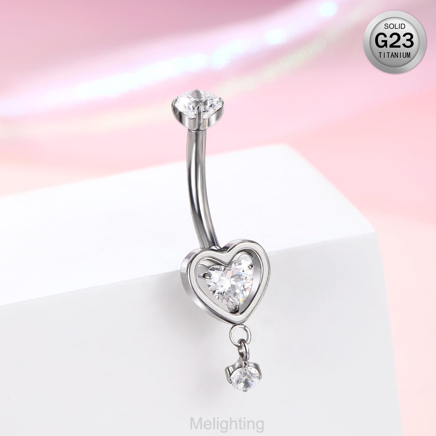 Melighting Heart Titanium Belly Button Ring Internally Threaded 14G Dangle Belly Ring Belly Piercing Jewelry Titanium G23 Naval Ring Clear Cz 10mm Body Piercing Jewelry