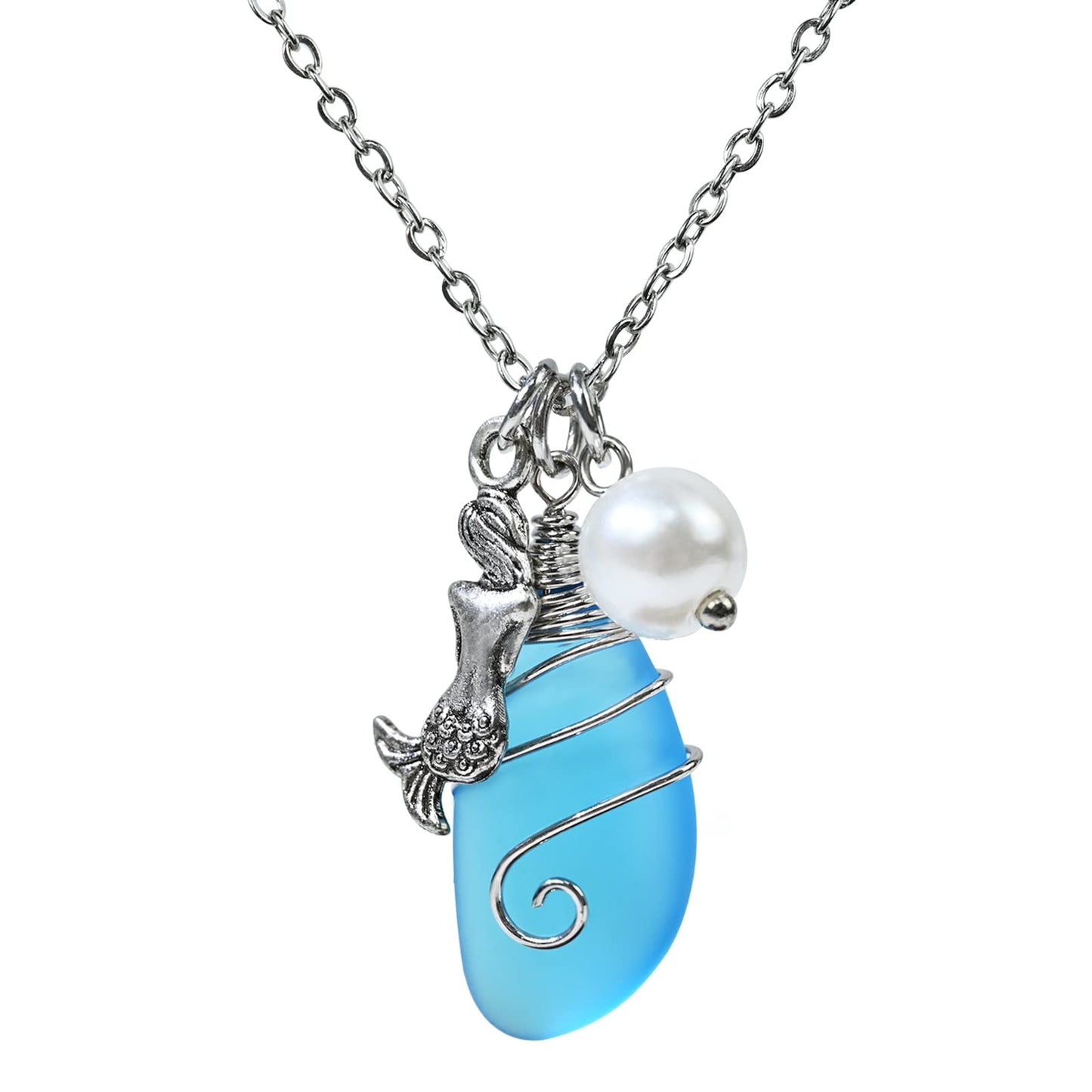 Sea Glass Necklace, Beach Jewelry for Women, Wire Wrapped Beach Necklaces with Mermaid Pendant, Freshwater Pearls, Sea Glass Jewelry, Handmade Necklaces Gift for Women Girls