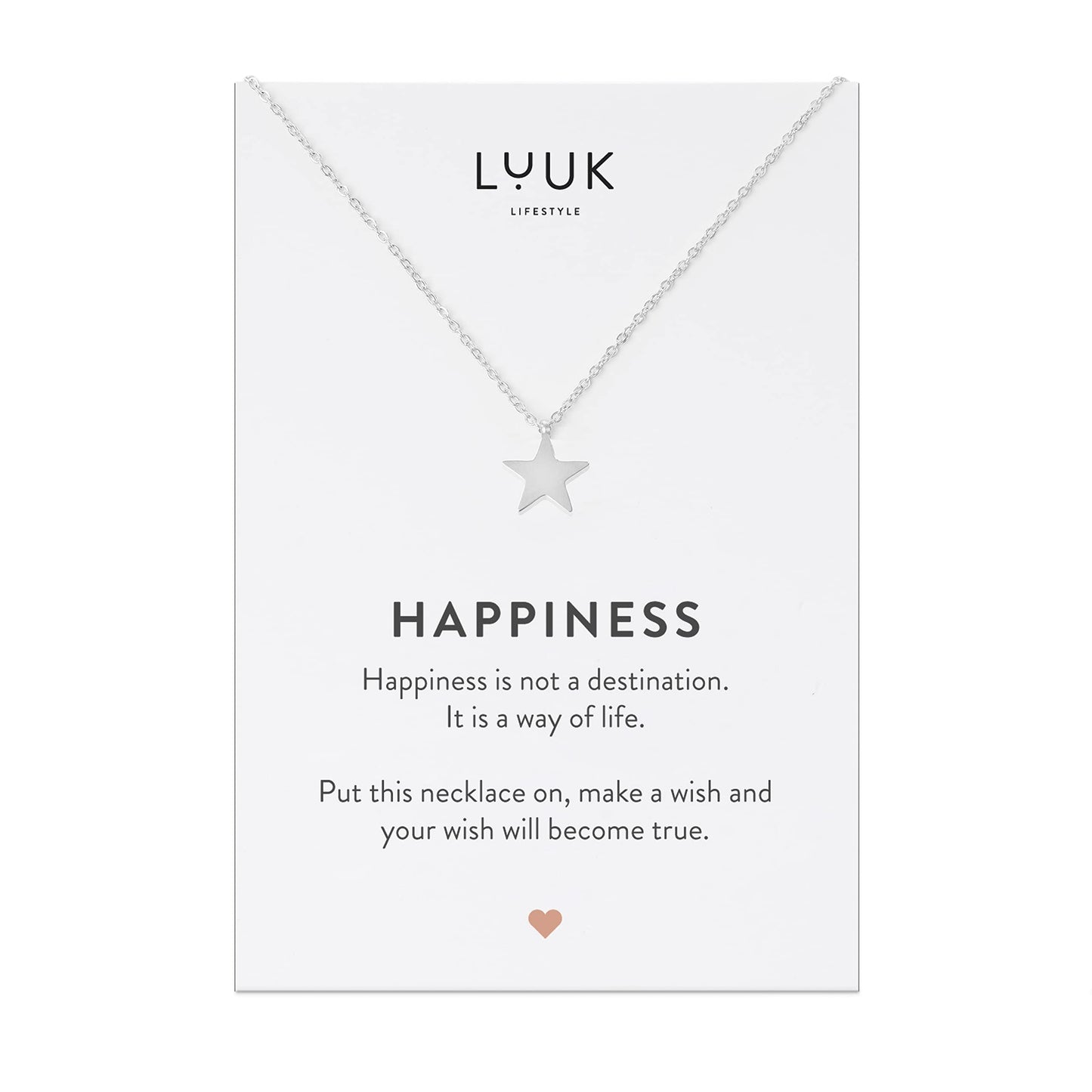 LUUK LIFESTYLE stainless steel ladies' necklace with star pendant and HAPPINESS gift card, elegant jewellery, 19” adjustable chain length friendship necklace, silver