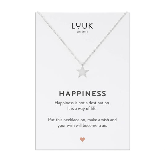 LUUK LIFESTYLE stainless steel ladies' necklace with star pendant and HAPPINESS gift card, elegant jewellery, 19” adjustable chain length friendship necklace, silver