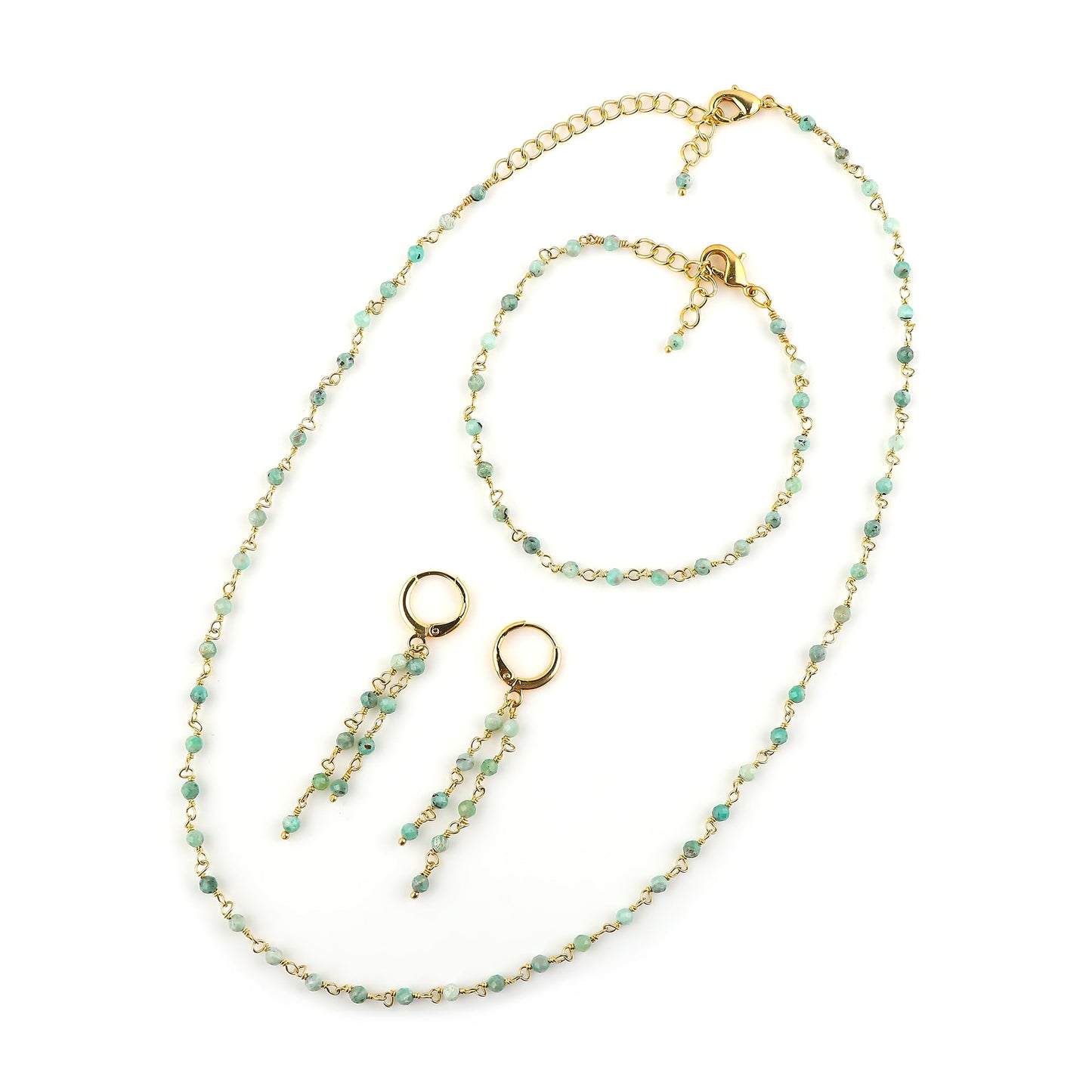 CRYSTALINES (3pcs) Natural Emerald Gemstone Cluster Jewelry Combo Set, 14K Gold Plated, Crystals Beads Rosary Chain, Handmade Bohemian Jewelry - Bracelets, Necklace, Earrings for Women