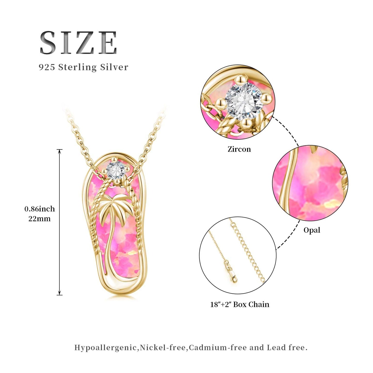 Midir&Etain Pink Opal Flip Flop Necklace 925 Sterling Silver 14K Gold Plated Palm Tree Pendant Beach Necklace Flip Flop Opal Jewelry for Women