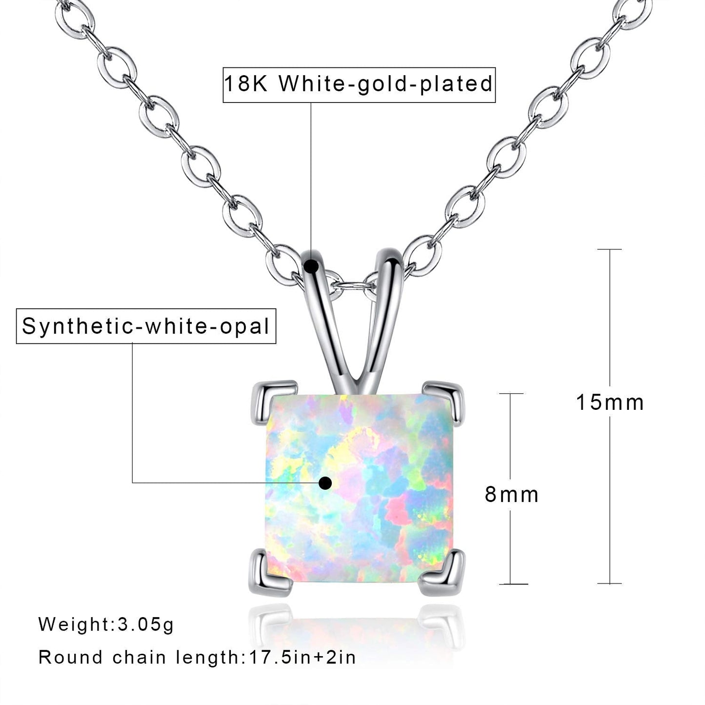VOLUKA 18K White Gold Plated Pendant Necklace 8mm Princess Square White Fire Opal Necklace for Women