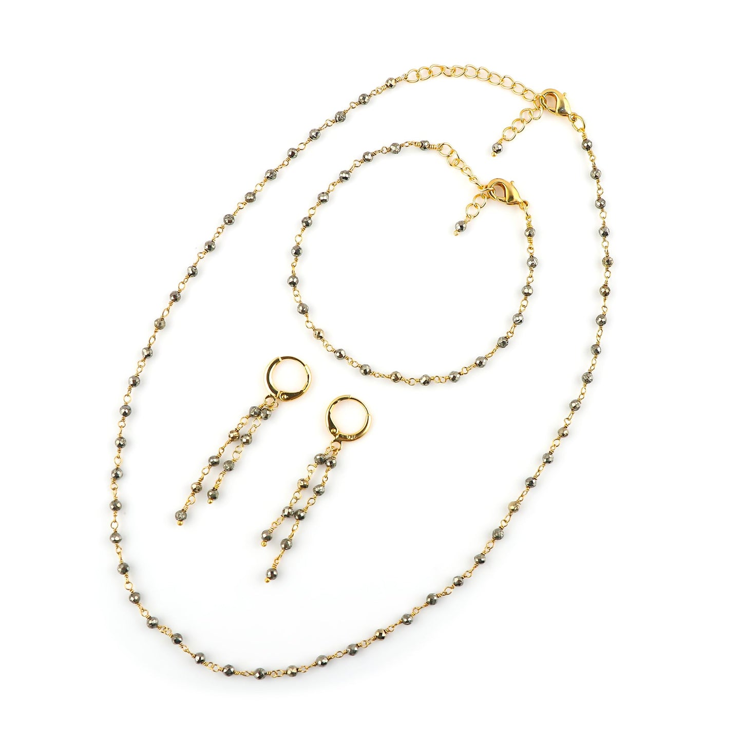 CRYSTALINES (3pcs) Natural Pyrite Gemstone Cluster Jewelry Combo Set, 14K Gold Plated, Crystals Beads Rosary Chain, Handmade Bohemian Jewelry - Bracelets, Necklace, Earrings for Women