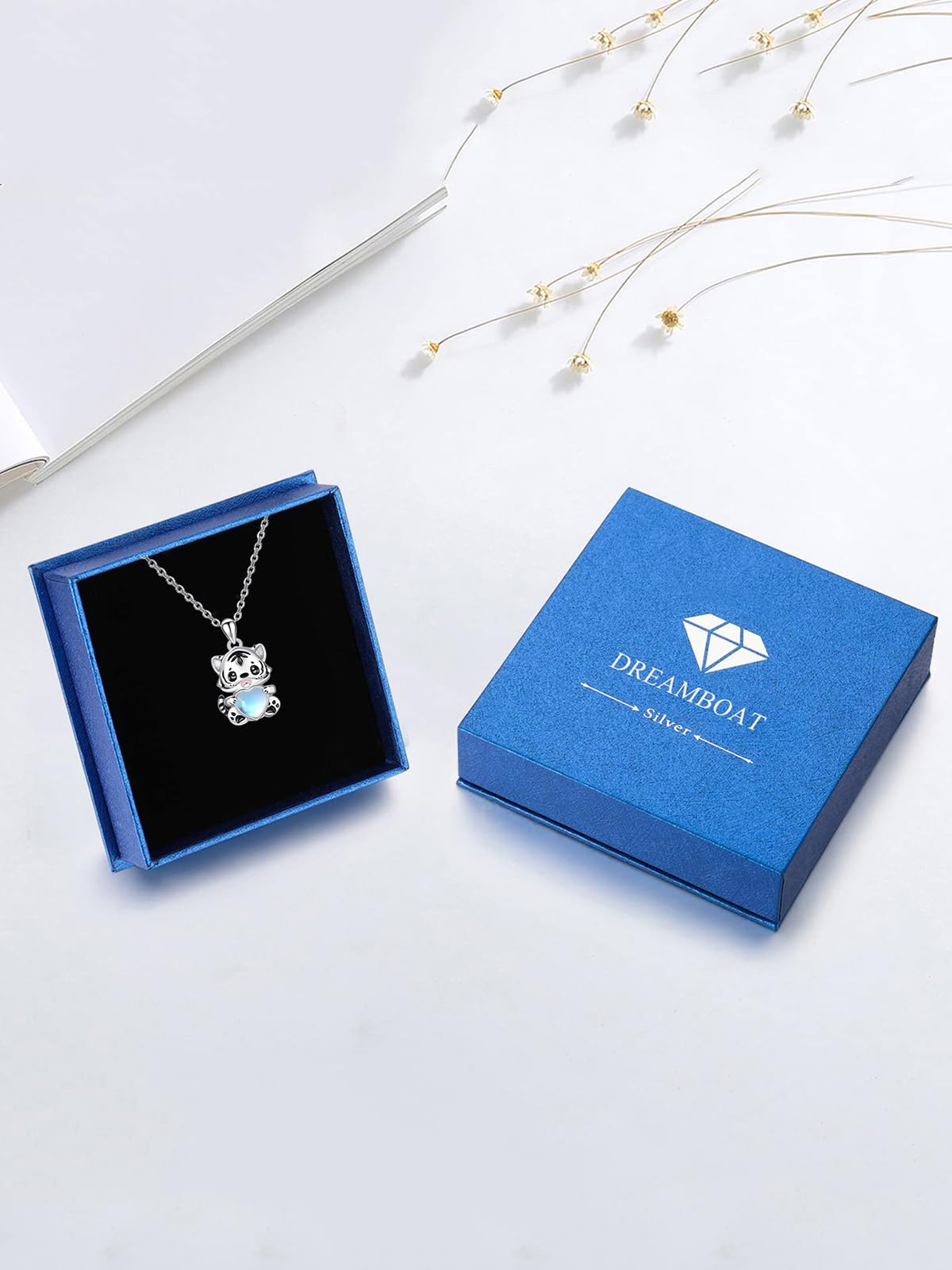 Dreamboat Tiger Pendant Necklace for Women 925 Sterling Silver Moonstone Animal Jewelry Gifts for Tigers Lovers