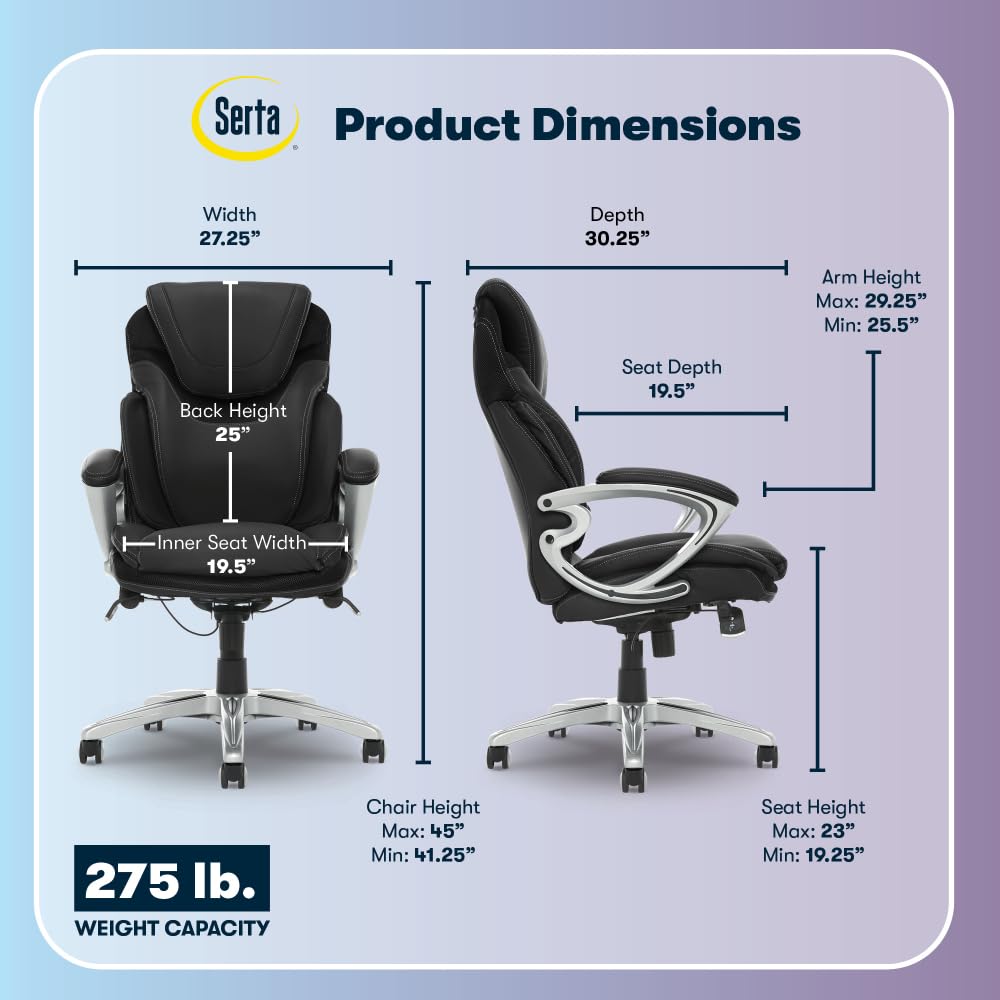 Serta Bryce Executive Office Chair, Ergonomic Computer Desk Chairs with Patented AIR Lumbar Support, Comfy Body Pillows, Height Adjustable, Swivel Base with Wheels, Bonded Leather, Black