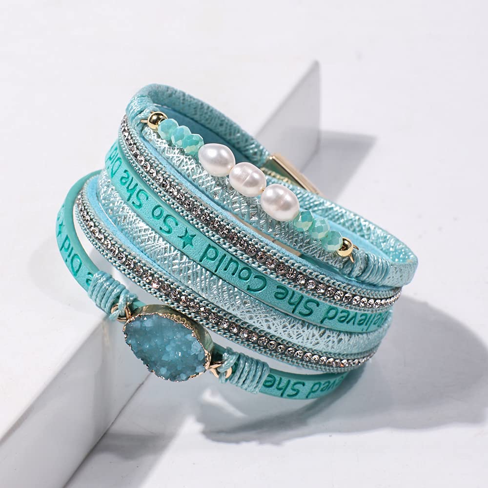 Artilady Leather Wrap Bracelet for Women - Handmade Clasp Bangle Bracelet with Pearl Beads Crystal Wristbands Jewelry Gift for Ladies and Mother