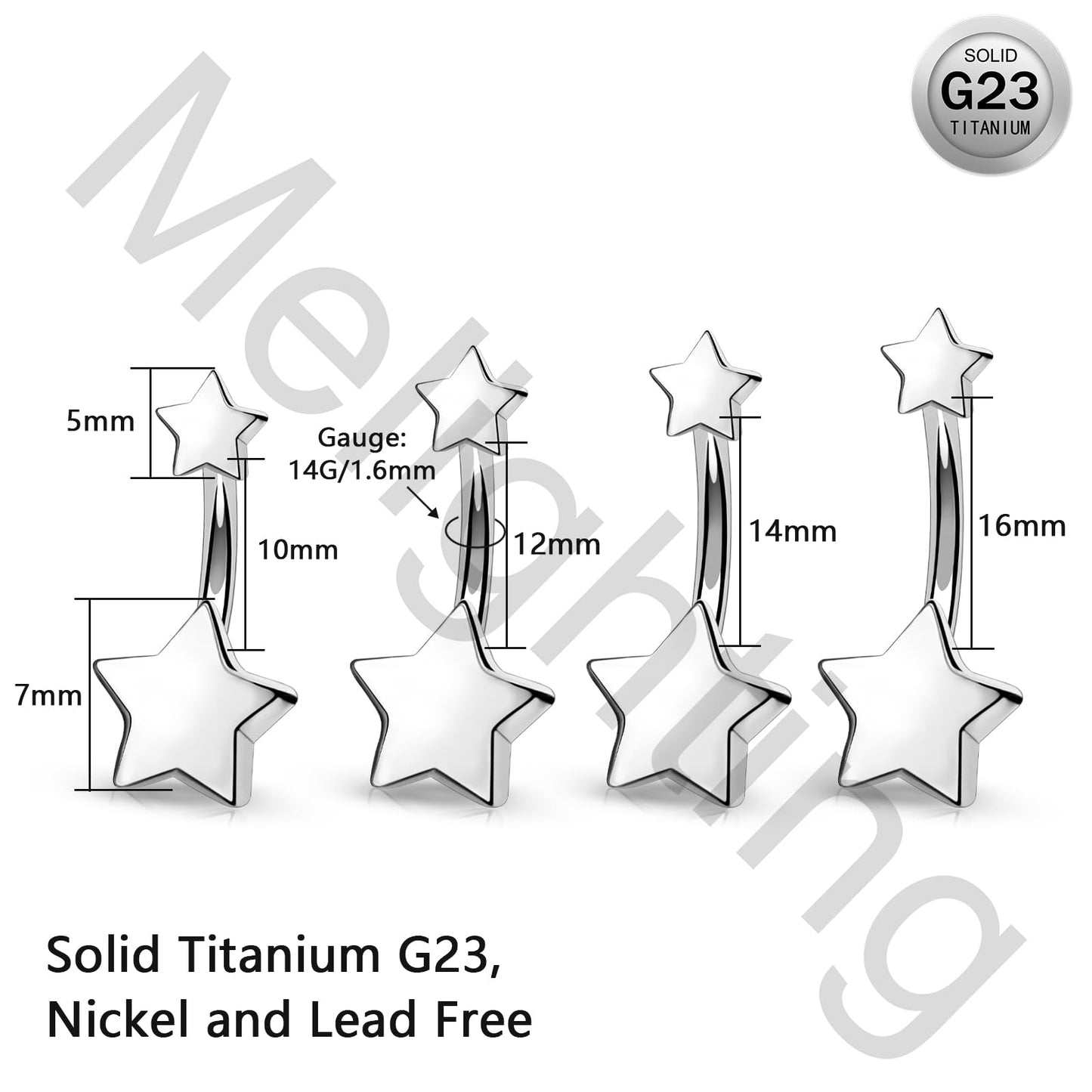 Melighting Titanium Belly Button Ring 14G Star Belly Ring Internally Threaded G23 Titanium Belly Piercing Hoop Navel Barbell Body Piercing Jewelry