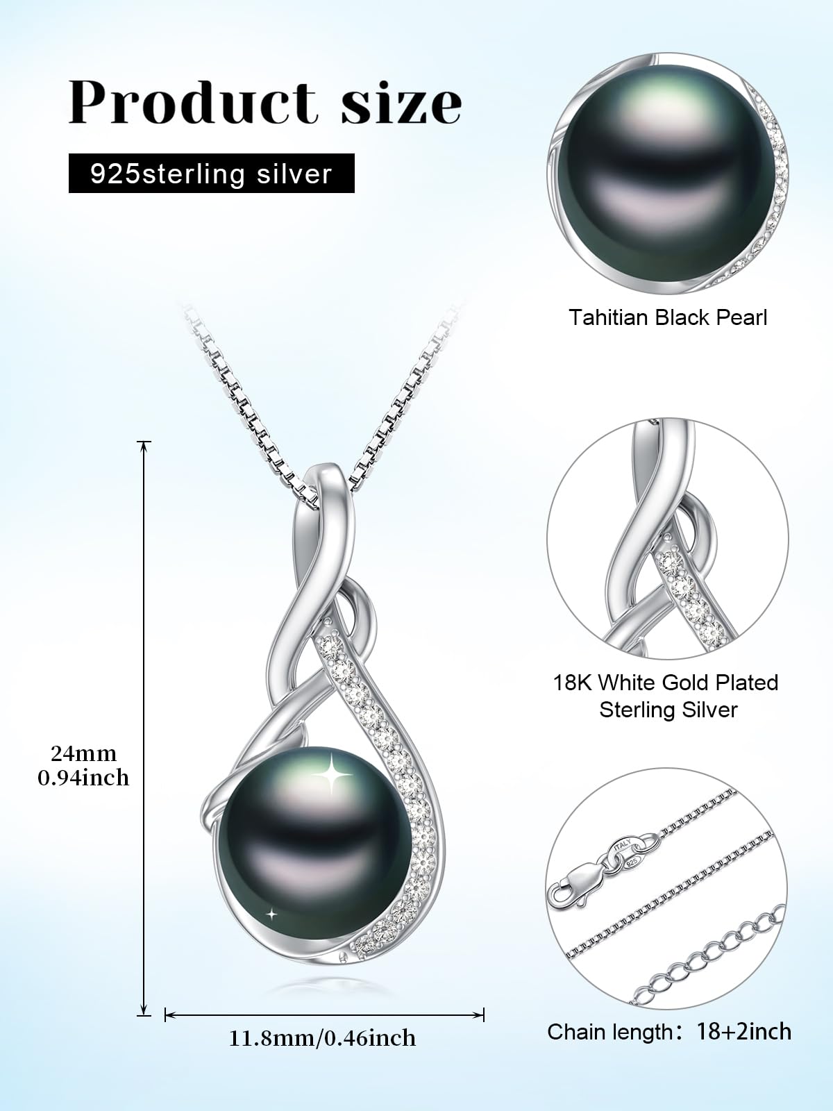 KANNSOAR 9MM Tahitian Black Pearl 18K White Gold Plated Sterling Silver Pendant Necklace Pearl Jewelry-Wedding Anniversary Valentines Day Christmas Mothers Day Gifts for Women Wife Mom Girlfriend Her
