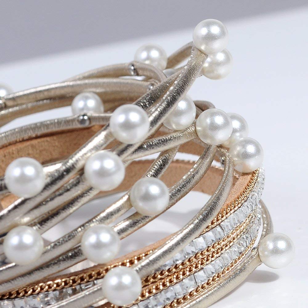 Artilady Leather Wrap Bracelet for Women - Handmade Clasp Bangle Bracelet with Pearl Beads Crystal Wristbands Christmas Jewelry Gift for Ladies and Mother