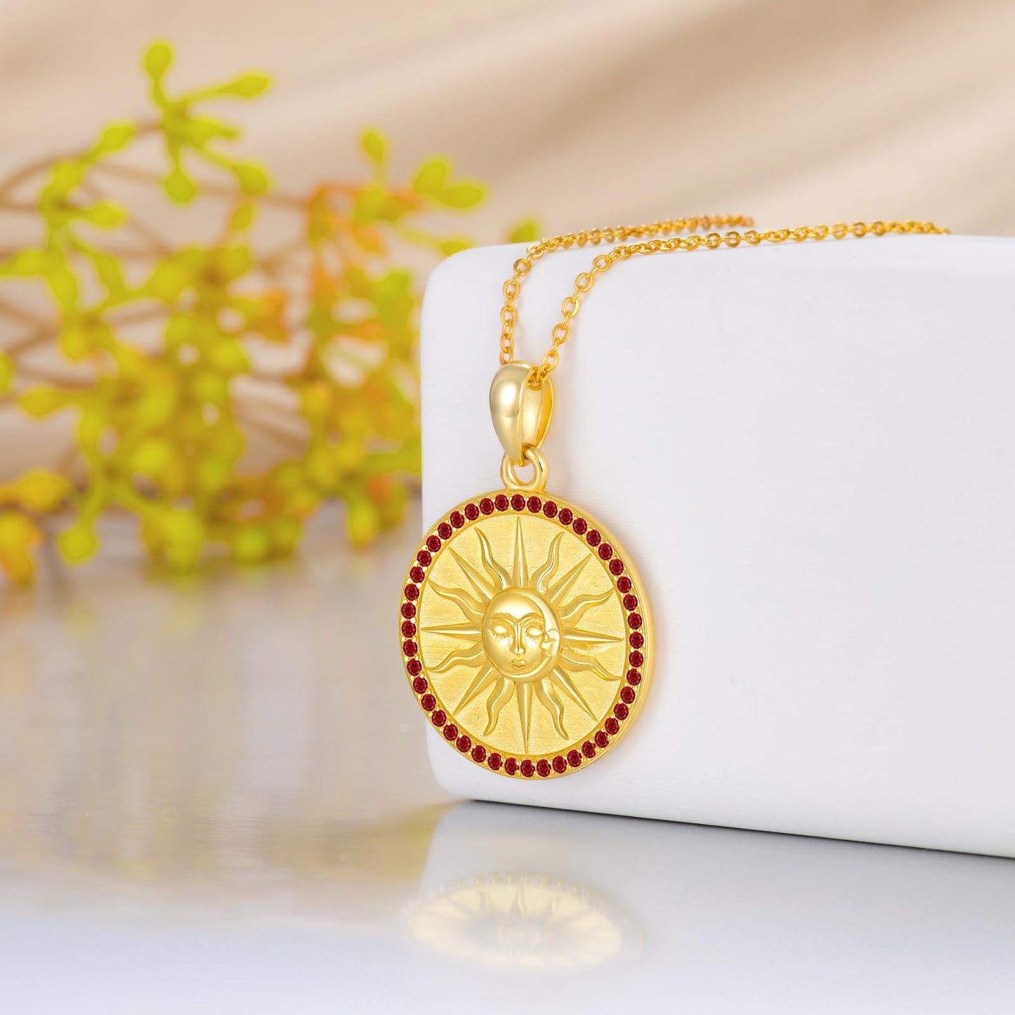 KQF Sun Coin Necklace for Women 925 Sterling Silver 18K Gold Plated Birthstone Sun Coin Pendant January Jewelry Gift for Women