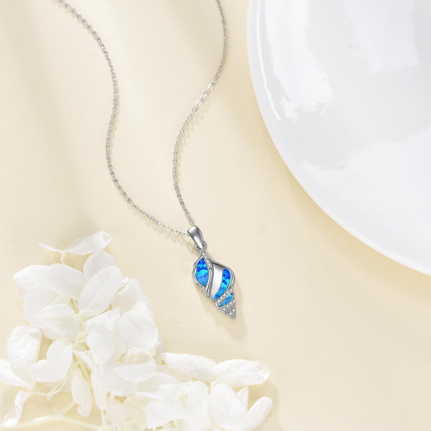 POPLYKE Conch Shell Necklace for Women 925 Sterling Silver Blue Opal Seashell Pendant Ocean Beach Jewelry Gift