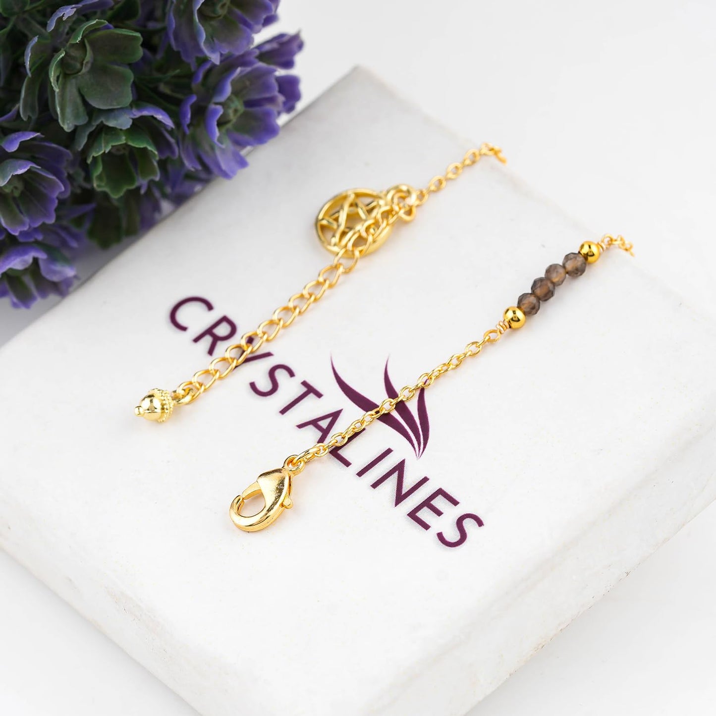 CRYSTALINES Natural Smoky Quartz Gemstone Beads, Handmade Station Dangle Star Charms Anklet, 14K Gold Plated, Adjustable Fashion Boho Jewelry for Women, Healing Crystals, Christmas Gift
