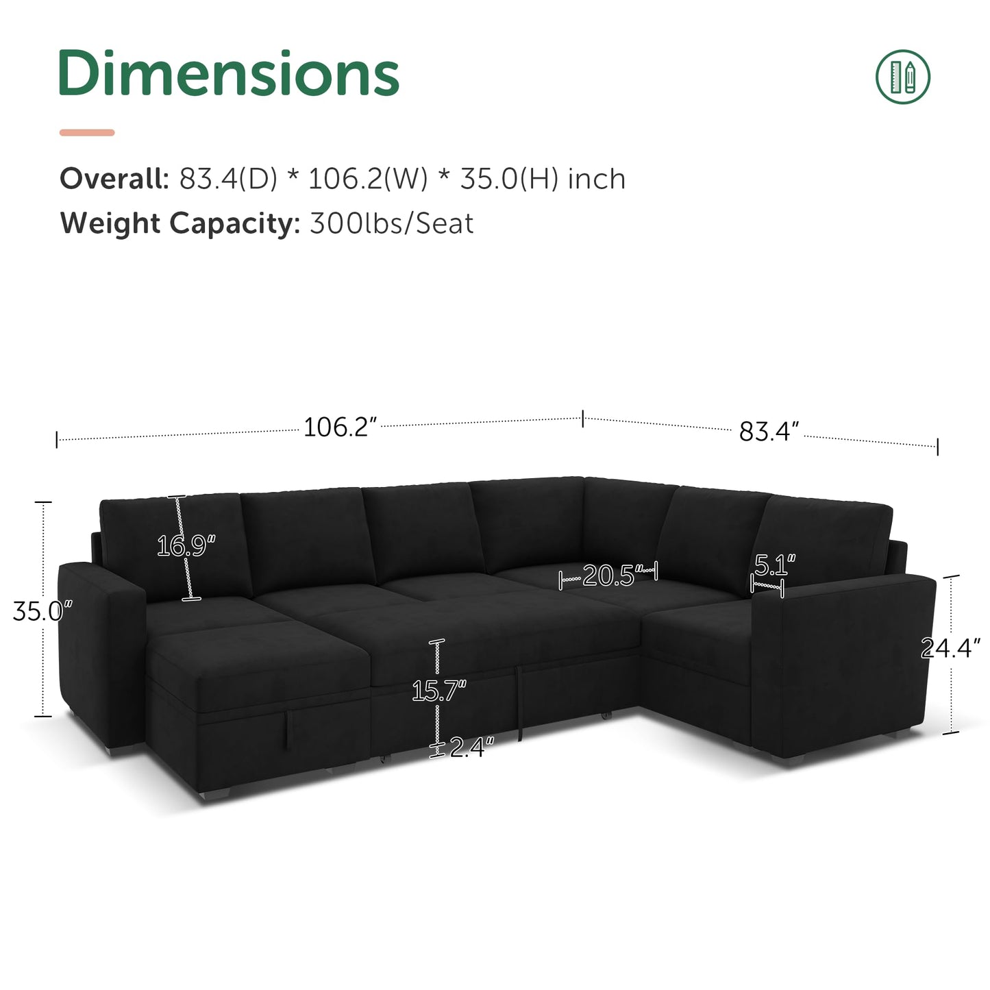 HONBAY Sectional Sleeper Couch with Pull Out Bed, U Shaped Sectional Sofa with Storage, Modular Velvet Sectional Couches for Living Room, Black